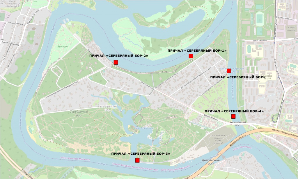 Причалы в Серебряном бору на реке Москве (карта)